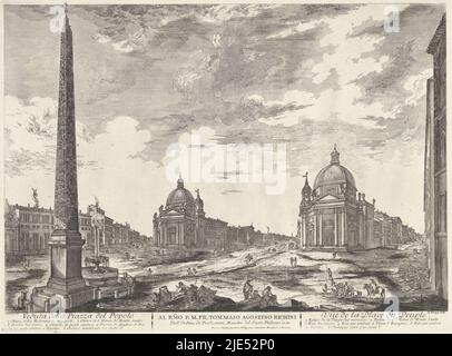 View of Piazza del Popolo in Rome with an Egyptian obelisk and the Santa Maria dei Miracoli and Santa Maria di Montesanto, between which Via del Corso runs. Titles and explanatory lists with numbers in French and Italian and an instruction in the lower margin, Piazza del Popolo in Rome Veduta della Piazza del Popolo / Vue de la Place du Peuple., print maker: Domenico Montaigù, (mentioned on object), intermediary draughtsman: Jean Barbault, (mentioned on object), J. Bouchard & J.J. Gravier, (mentioned on object), Italy, c. 1750 - c. 1799, paper, etching, h 395 mm × w 534 mm Stock Photo