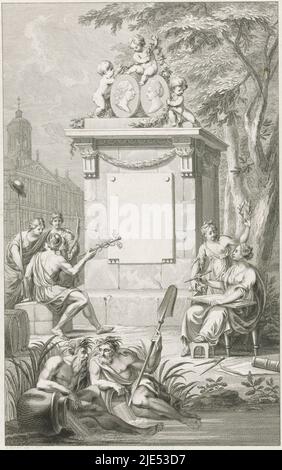 Title print for the print series of the inauguration of Stadholder William V and Princess Wilhelmina of Prussia in Amsterdam, 30 May - 4 June 1768. Allegorical depiction with in front of a monument the Art of Drawing inspired by Honour with on the left Merchantry, Liberty and Peace, in the foreground the river gods of Amstel and IJ. In the background the Amsterdam City Hall. On the monument portrait medallions of the prince and princess and putti with garlands of flowers, Title print for the print series of the overtaking of Willem V and Wilhelmina of Prussia in Amsterdam, 1768 Image of the Stock Photo