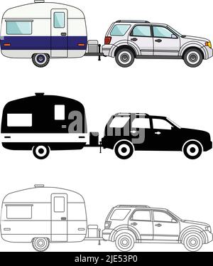 Different kind car and travel trailers isolated on white background in flat style: colored, black silhouette, contour. Vector illustration. Stock Vector