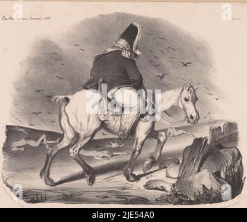 Caricature of Louis Philippe I, King of France on horseback among the corpses Voyage à travers les populations empressées, print maker: Honoré Daumier, (mentioned on object), printer: Nicolas Louis Delaunois, (mentioned on object), publisher: Aubert & Cie., (mentioned on object), Paris, 1834, paper, h 279 mm × w 364 mm Stock Photo