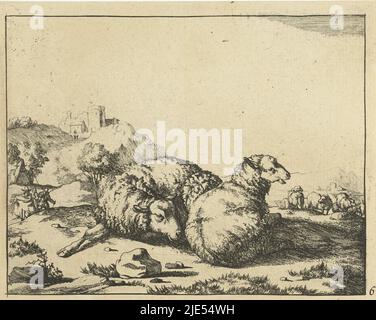 Two lying sheep, mountain village in the background Sheep (series title), print maker: Marcus de Bye, The Hague, 1664 and/or 1728 - c. 1761, paper, etching, h 116 mm × w 146 mm Stock Photo