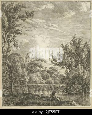 A landscape with tall trees and a man in a rowing boat on the water. In the grass along the water's edge sits a woman and a child with a dog. Above the trees in the background a roof sticks out, Landscape with a woman at the water's edge., print maker: Hermanus Fock, Amsterdam, 1781 - 1822, paper, etching, h 284 mm × w 238 mm Stock Photo