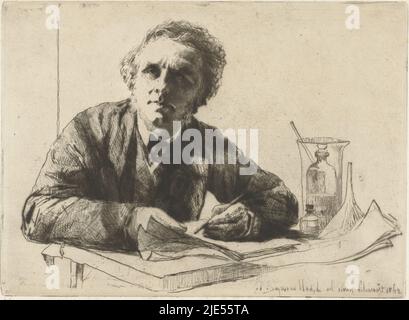 Self-portrait of the artist Francis Seymour-Haden, half in person, sitting at a table with a pen in hand. On the table are papers and etchings, Self-Portrait of Francis Seymour-Haden., print maker: Francis Seymour-Haden (Sir), (signed by artist), Francis Seymour-Haden (Sir), England, 1862, paper, etching, drypoint, h 195 mm × w 267 mm Stock Photo