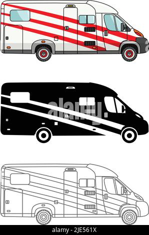 Different kind car and travel trailers isolated on white background in flat style: colored, black silhouette and contour. Modern caravan. Vector Stock Vector