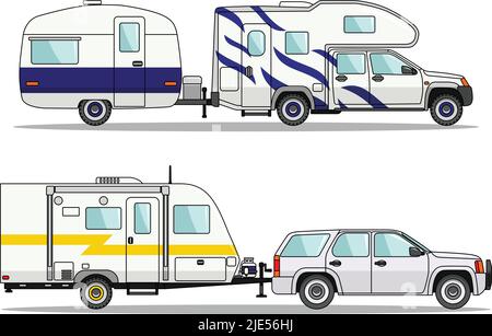Set of car and travel trailers on a white background in flat style. Vector illustration. Stock Vector