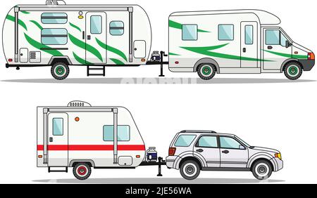 Set of car and travel trailers on a white background in flat style. Vector illustration. Stock Vector