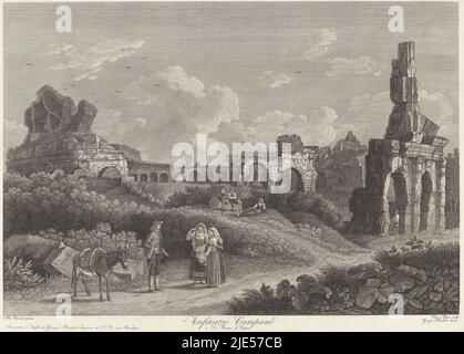 View of the ruins of the Capua amphitheatre near the town of Santa Maria Capua Vetere. Figures resting among the ruins. In the foreground two women, a man and a donkey. Title in lower margin, Amphitheatre of Capua Anfiteatro Campano a S. Maria di Capua., print maker: Vincenzo Alloja, (mentioned on object), after: Jacob Philipp Hackert, (mentioned on object), Georg Hackert, (mentioned on object), Italy, 1781 - 1820, paper, etching, h 400 mm × w 552 mm Stock Photo