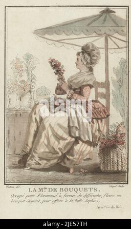 Beneath a parasol sits a flower seller, seen from the side, to the left, arranging a bouquet of flowers.  She is wearing a white hat on her head and is dressed according to the fashion of 1786. Next to her a basket with flowers. In the background some flower pots on a balustrade, La marchande de Bouquets The florist Cris et costumes de Paris...dessiné par Watteau et Gravé en Couleur par Guyot (series title)., print maker: Laurent Guyot, intermediary draughtsman: François Louis Joseph Watteau, publisher: Charles Philippe Campion de Tersan, 1786, paper, h 190 mm × w 130 mm Stock Photo