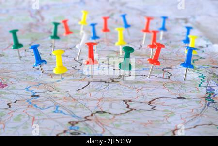 Location marking with pushpins on map,vacation, summer holidays,travel,discovery,navigation,geography, popular vacation destination concept.Copy space. Stock Photo