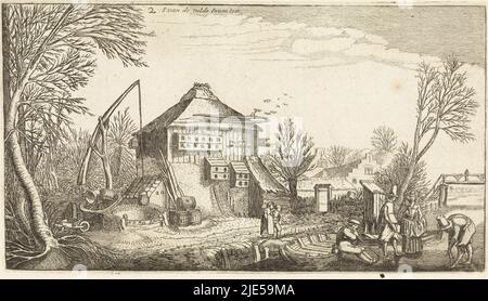 On the ice of a canal in front of a thatched farmhouse, a wealthy man and woman watch a man skating. A farmer sits on a rowing boat. Three dovecotes are attached to the wall of the farm. A large well in front of the farm, Winter landscape with farm Landscapes (series title)., print maker: Simon Poelenburg, Jan van de Velde (II), (mentioned on object), publisher: Henri Le Roy, (mentioned on object), Amsterdam, 1602 - 1649, paper, etching, h 136 mm × w 242 mm Stock Photo