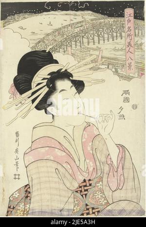 Courtisane, half-right, against a white background, facing fireworks over the Ryogoku bridge. (bijinga), Evening Glow at Ryogoku Ryogoku no sekisho, Eight faces at famous places and beauties in Edo (series title) Edo meisho bijin hakkei (series title), print maker: Kikugawa Eizan, (mentioned on object), publisher: Sanoya Kihei, (mentioned on object), print maker: Japan, publisher: Tokyo, 1813 - 1817, paper, colour woodcut, h 391 mm × w 265 mm Stock Photo