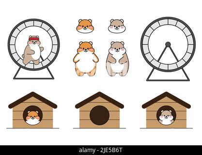 Set of cute drawn hamsters. Kawaii hamster runs in a wheel and sits in houses. Collection of avatars mascots funny character animal stickers isolated Stock Vector