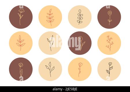 Plants and flowers with leaves in a minimalistic simple style. Handmade floral logo. Botanical one line icons set. Set of round highlighter icons for Stock Vector
