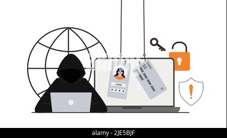 The criminal behind a laptop, computer. Hidden mining. Phishing notifications. Account hacking. A fraudster steals a bank card. Network security Stock Vector