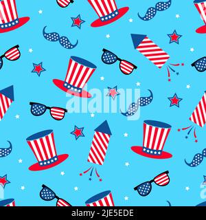 American patriotic seamless pattern. 4th of July traditional background. Hats and fireworks backdrop. Vector template for fabric, textile, wallpaper, Stock Vector