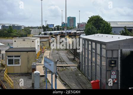 Trains left at Fratton railway station in Portsmouth during the RMT train strike. Stock Photo