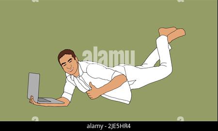 Business Man Hold Colleague With Wings Flying In Sky Using Laptop Computer Chatting Online Flat Vector Illustration Stock Vector