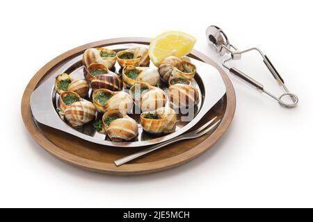 escargots (snails with parsley & garlic butter), french food isolated on white background Stock Photo
