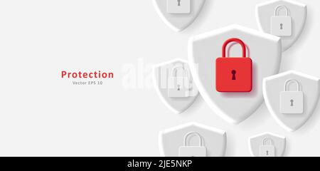 Web background with red padlock and 3d white shields, digital protection illustration Stock Vector