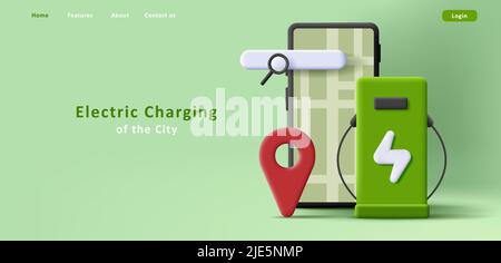 Electric charging point application, search on map for charger, smartphone 3d illustration Stock Vector