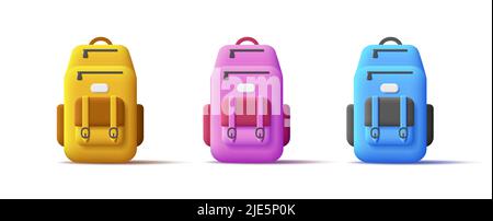 Set of colored 3d backpack icons, education or tourism equipment Stock Vector