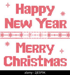 Vector illustration Happy New Year, Merry Christmas pattern for knitted Ugly Sweater, scheme for embroidery: red letters on a white background. Templa Stock Photo