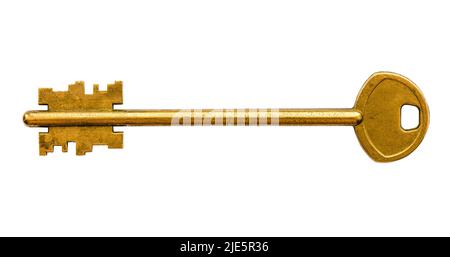 old golden double-sided door key for lever tumbler lock isolated on white background Stock Photo