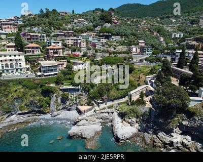 Colorful hillside homes in the gorgeous city of Camogli, Italy. Stock Photo