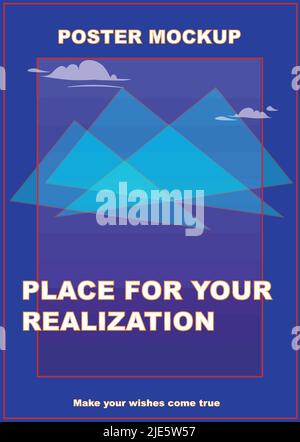 Mockup poster for design, for advertising on any topic. Blue shadows of the pyramids with shades of the sky and cute clouds. Stock Vector
