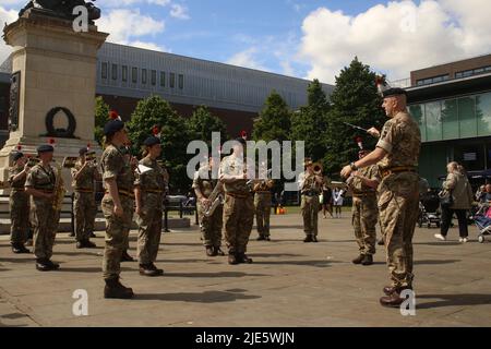 Newcastle upon Tyne, UK. 25th June 2022. Armed Forces Day, Fifth Royal regiment of Fusiliers Band play at Old Eldon Square War Memorial, Newcastle upon Tyne, UK, 25th June, 2022, Credit: DEW/Alamy Live News Stock Photo