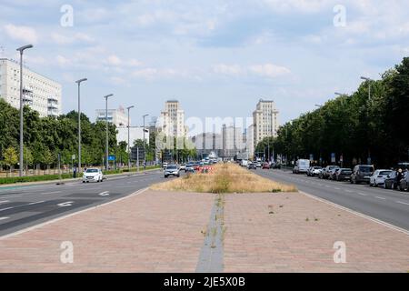 Berlin, Germany, June 24, 2022, looking across Karl-Marx-Allee in Mitte towards Strausberger Platz with its representative residential towers.