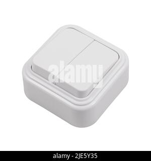 Two-gang overhead light switch isolated on a white background. Photograph of the switch front and back. Stock Photo