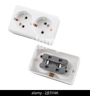 Electric built-in(flat) white socket for 2 connectors isolated on a white background. Photo of the outlet front and back. Stock Photo