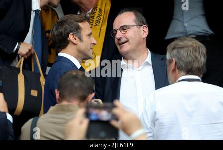 French President Emmanuel Macron, former French Prime Minister Jean Castex during the French championship Top 14 Final rugby union match between Castres Olympique (CO) and Montpellier Herault Rugby (MHR) on June 24, 2022 at Stade de France in Saint-Denis near Paris, France - Photo Jean Catuffe / DPPI Stock Photo