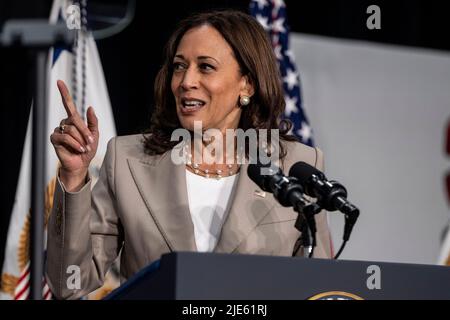 United States Vice President Kamala Harris speaks at the C.W. Avery Family YMCA on Friday June 24, 2022 in Plainfield, Illinois.Credit: Christopher Dilts/ Pool via CNP /MediaPunch Stock Photo
