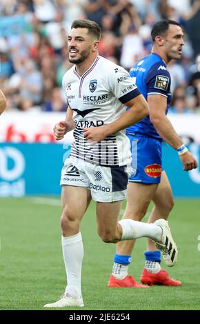 Anthony Bouthier of Montpellier celebrates his try during the French championship Top 14 Final rugby union match between Castres Olympique (CO) and Montpellier Herault Rugby (MHR) on June 24, 2022 at Stade de France in Saint-Denis near Paris, France - Photo Jean Catuffe / DPPI Stock Photo