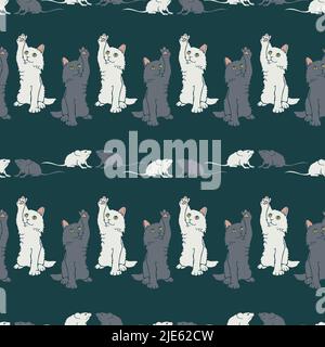 Vector seamless pattern with grey and white kittens and mice. Hand drawn design with cats and mice. Stock Vector