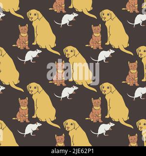 Vector seamless pattern with cat, dog and rat. Hand drawn design with pets. Stock Vector
