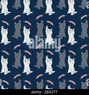 Vector seamless pattern with kittens and sausages. Funny design with hand drawn white and grey cats. Stock Vector