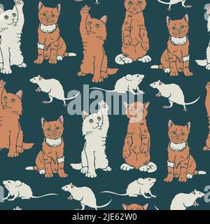 Vector seamless pattern with ginger cats and white mice and rats. Design with hand drawn animals. Stock Vector