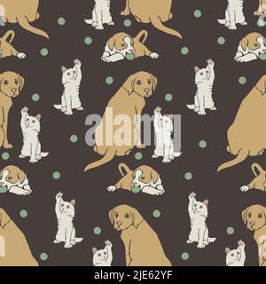Vector seamless pattern with pets and balls. Design with hand drawn kittens and dogs. Stock Vector