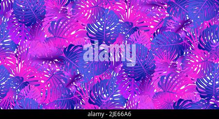 Tropical seamless pattern with colorful neon exotic leaves gradient on white. Trendy flat jungle lush branches purple botanical plant. Perfect for tex Stock Vector