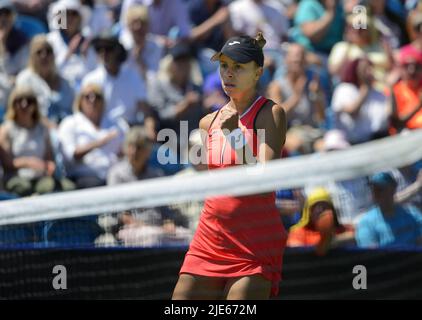 Magda Linette (Poland) beating Alison Riske (USA) in their second round match on centre court at the Rothesay International Tennis, Devonshire Park, E Stock Photo