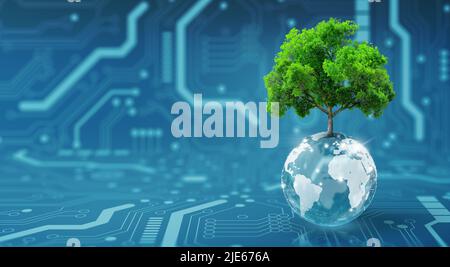 Tree growing on crystal globe. Digital Convergence and and Technology Convergence. Blue light, binary and network background. Green Computing, IT. Stock Photo