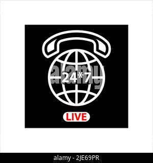 International Phone Support Icon, Responsive 24/7, Twenty Four Hours A Day Throughout The Year Vector Art Illustration Stock Vector