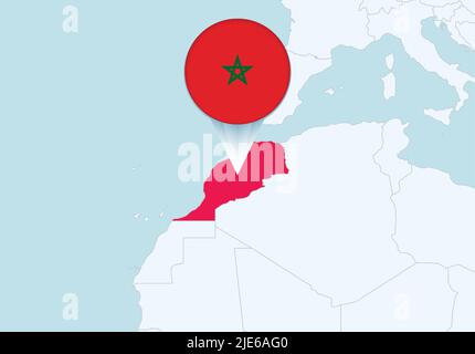 Africa with selected Morocco map and Morocco flag icon. Vector map and flag. Stock Vector