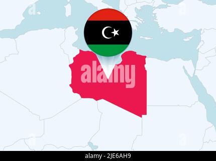 Africa with selected Libya map and Libya flag icon. Vector map and flag. Stock Vector