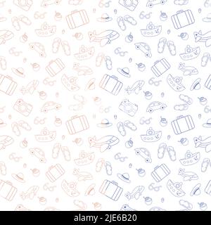 Travel icons pattern of flip flops beach car ship cold ice cream Stock Vector