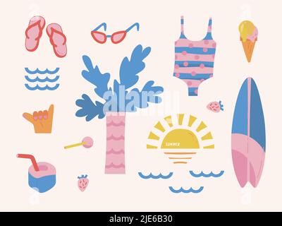 Travel illustration, with sun, sea, surfboard, strawberry, ice cream, glasses and flip flops elements. Rest on the sea Stock Vector