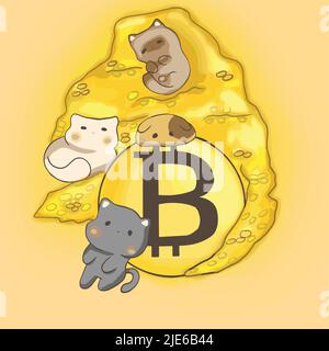 Cute cats sit on a mountain of cryptocurrency and play Stock Vector